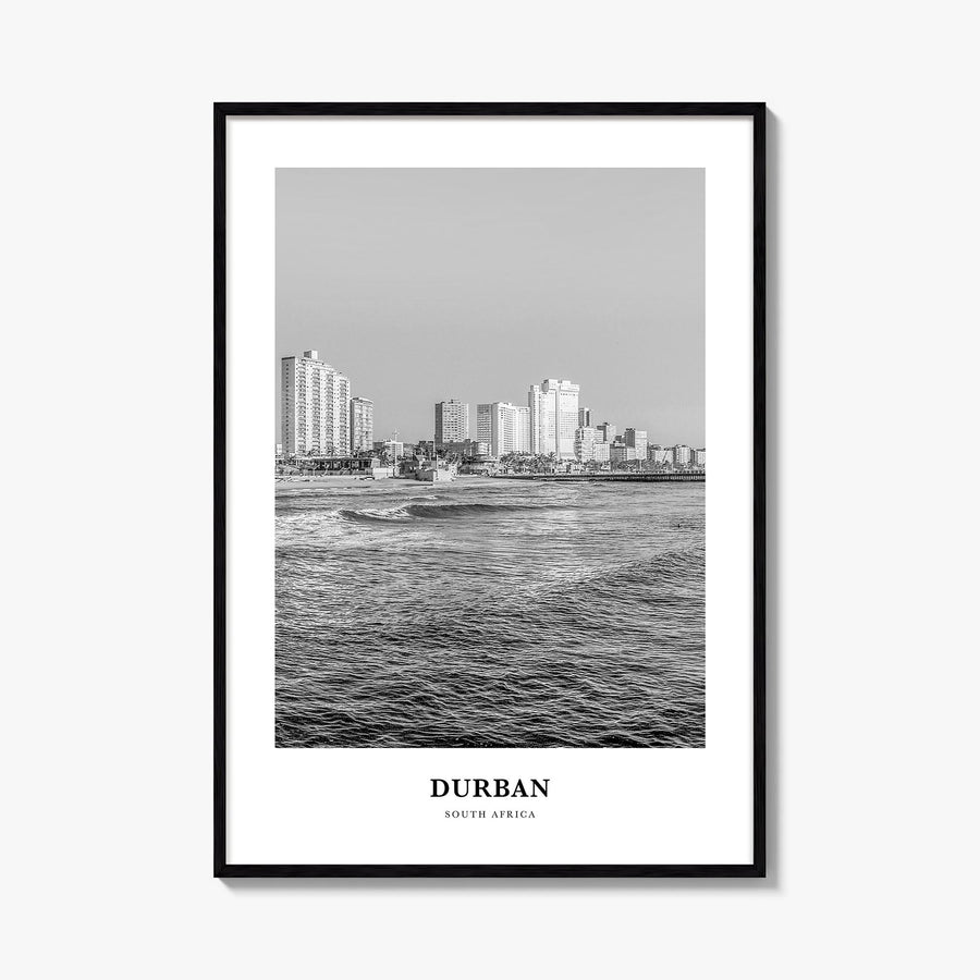 Durban black & white classic poster of South Africa – vertical wall art, unframed print shown in interior mockup