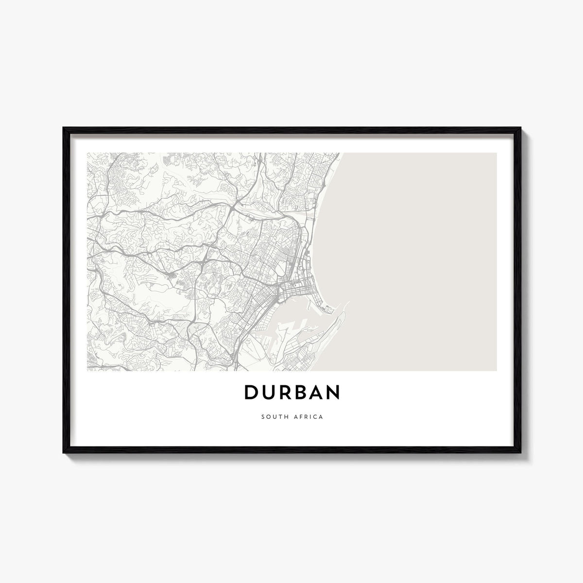 Durban black & white map poster of South Africa – horizontal wall art, unframed print shown in interior mockup