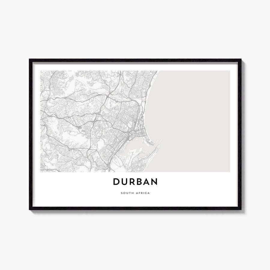 Durban black & white map poster of South Africa – horizontal wall art, unframed print shown in interior mockup