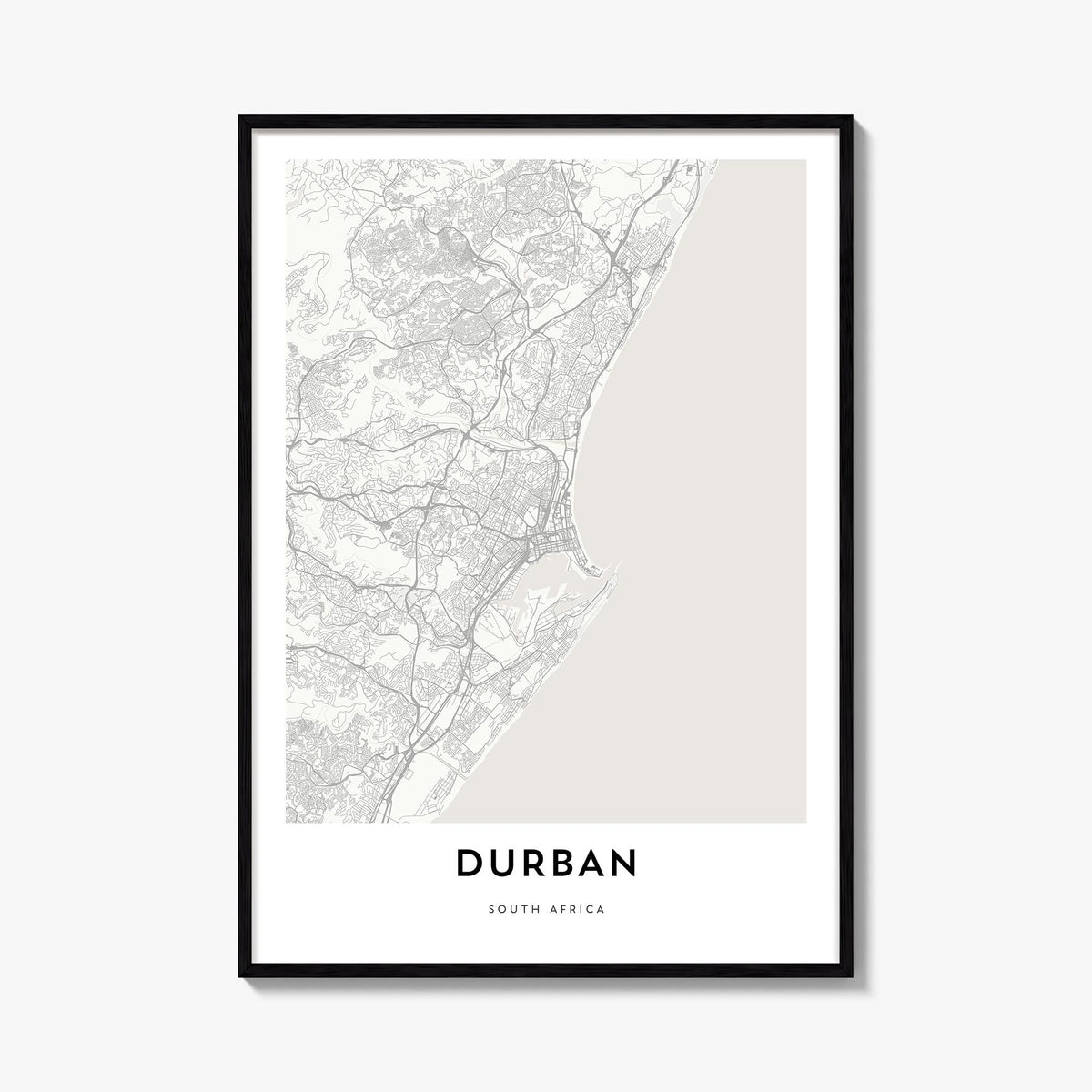 Durban black & white map poster of South Africa – vertical wall art, unframed print shown in interior mockup