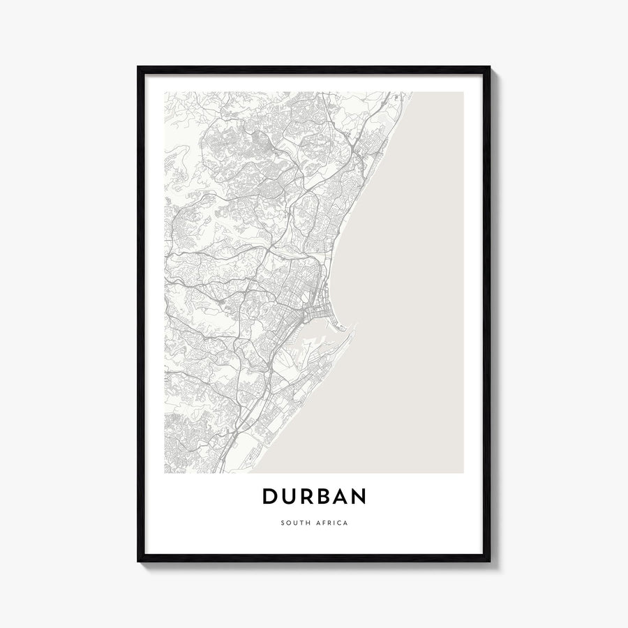 Durban black & white map poster of South Africa – vertical wall art, unframed print shown in interior mockup
