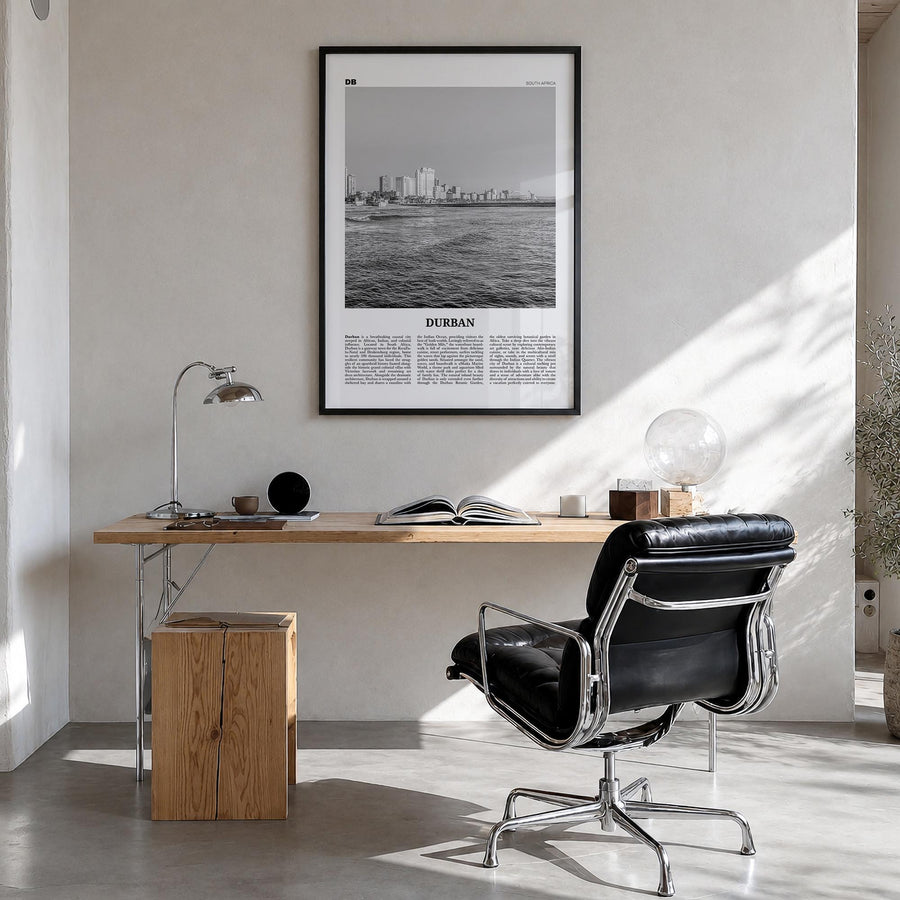 Durban black & white newspaper poster of South Africa – vertical wall art in black wood frame, hanging on wall