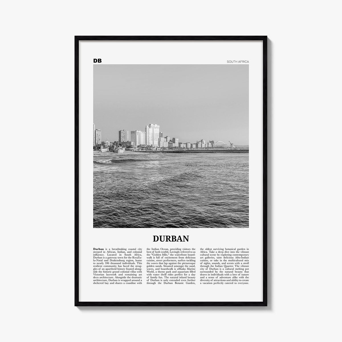 Durban black & white newspaper poster of South Africa – vertical wall art, unframed print shown in interior mockup