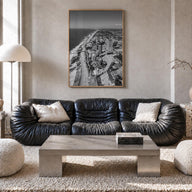 Durban black & white photo poster of South Africa – vertical wall art in natural wood frame, hanging on wall