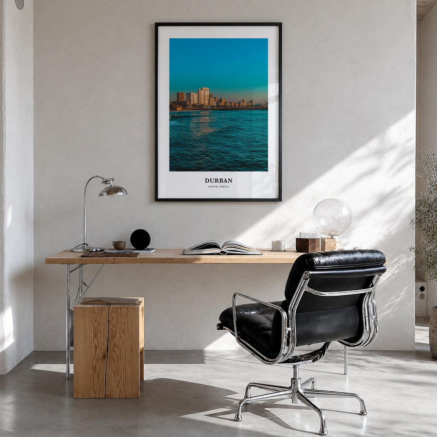 Durban colorful classic poster of South Africa – vertical wall art in black wood frame, hanging on wall