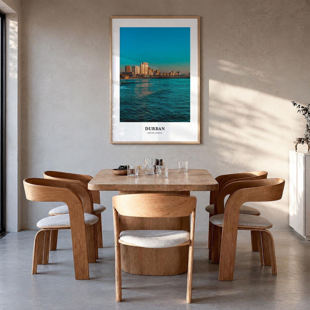 Durban colorful classic poster of South Africa – vertical wall art in natural wood frame, hanging on wall