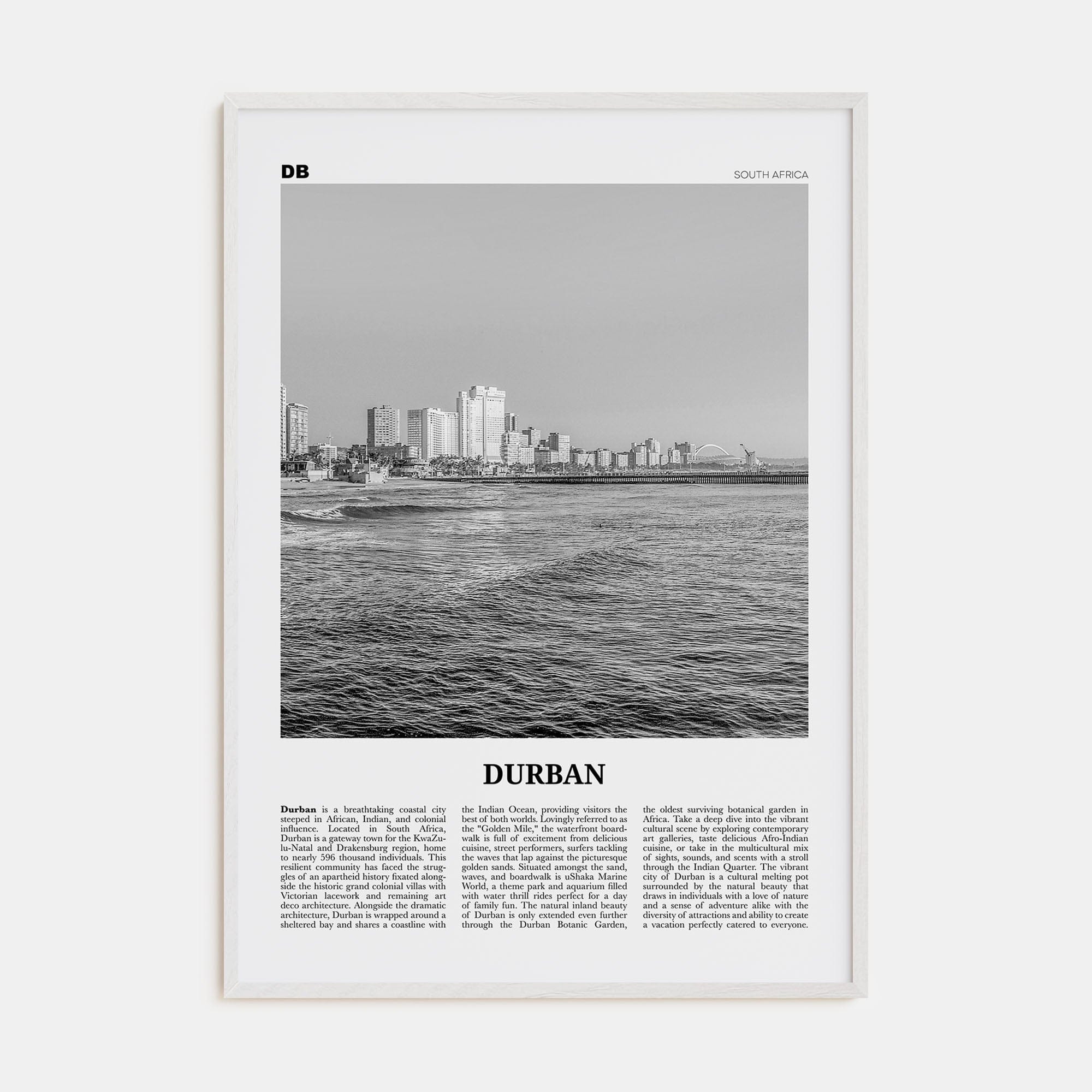 Durban Poster White Wood / 8x12 in Nbourhood Travel B&W Poster