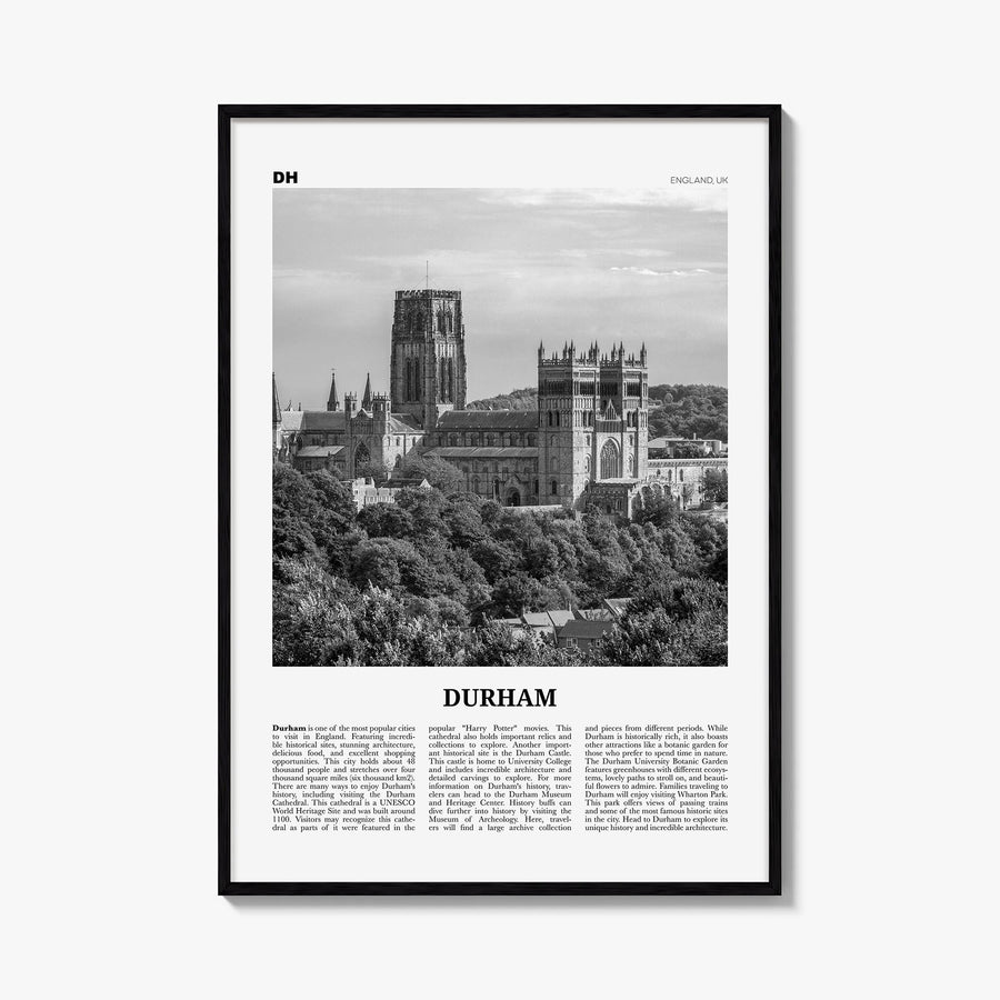 Durham, England black & white newspaper poster of United Kingdom – vertical wall art, unframed print shown in interior mockup
