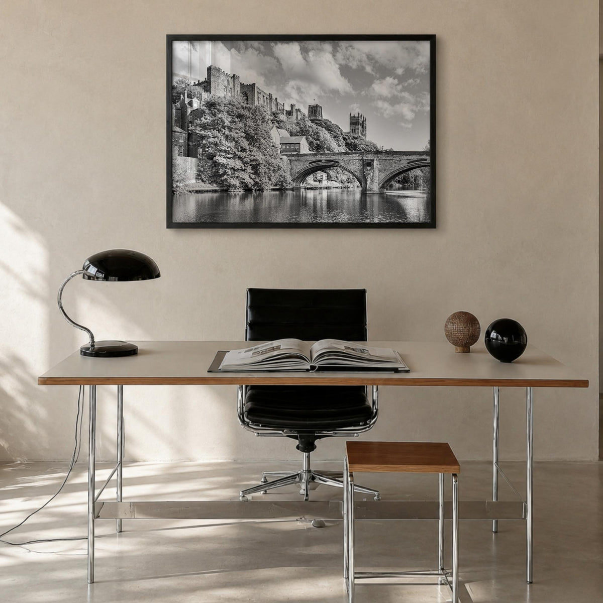 Durham, England black & white photo poster of United Kingdom – horizontal wall art in black wood frame, hanging on wall