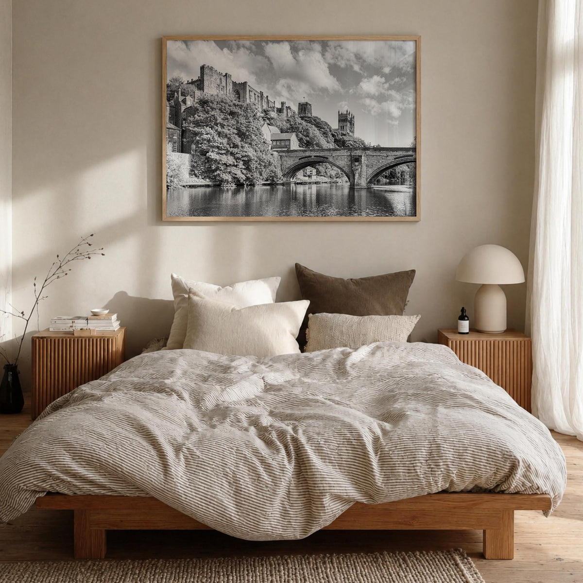 Durham, England black & white photo poster of United Kingdom – horizontal wall art in natural wood frame, hanging on wall