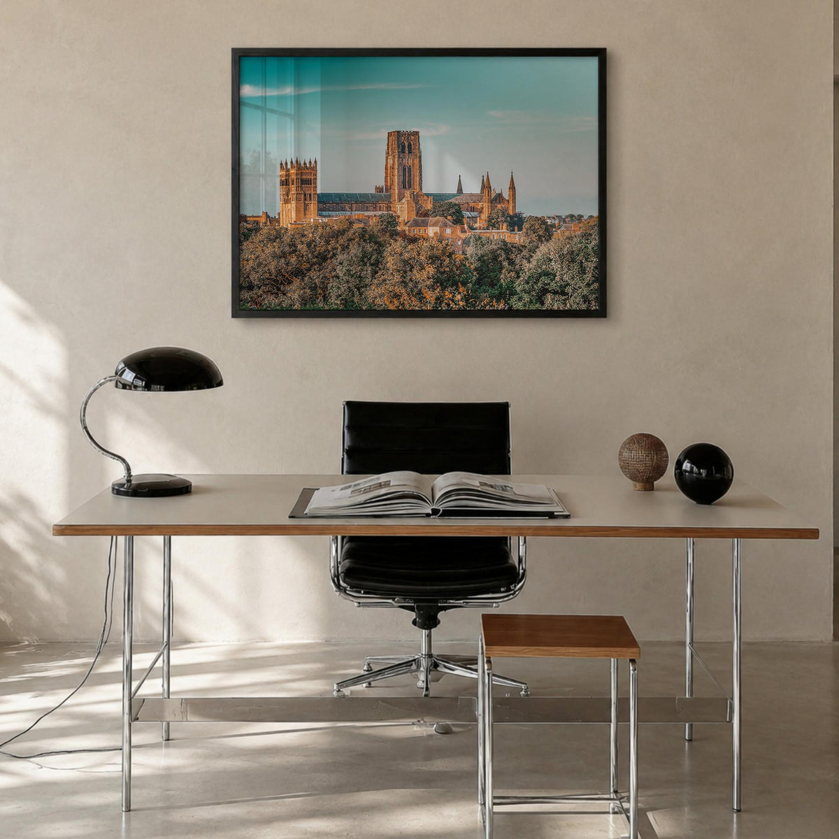 Durham, England colorful photo poster of United Kingdom – horizontal wall art in black wood frame, hanging on wall