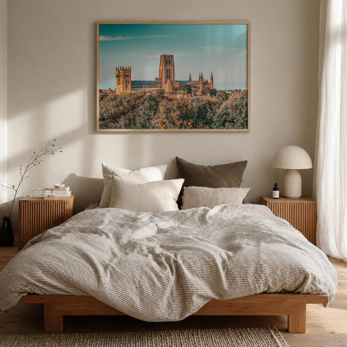 Durham, England colorful photo poster of United Kingdom – horizontal wall art in natural wood frame, hanging on wall