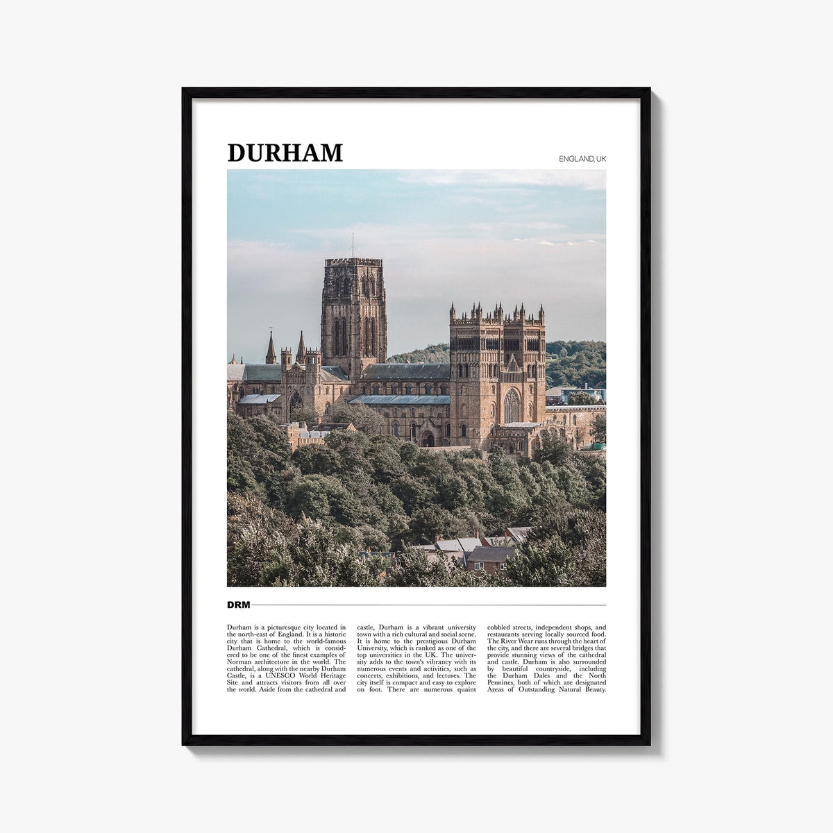 Durham, England colorful travel poster of United Kingdom – vertical wall art, unframed print shown in interior mockup