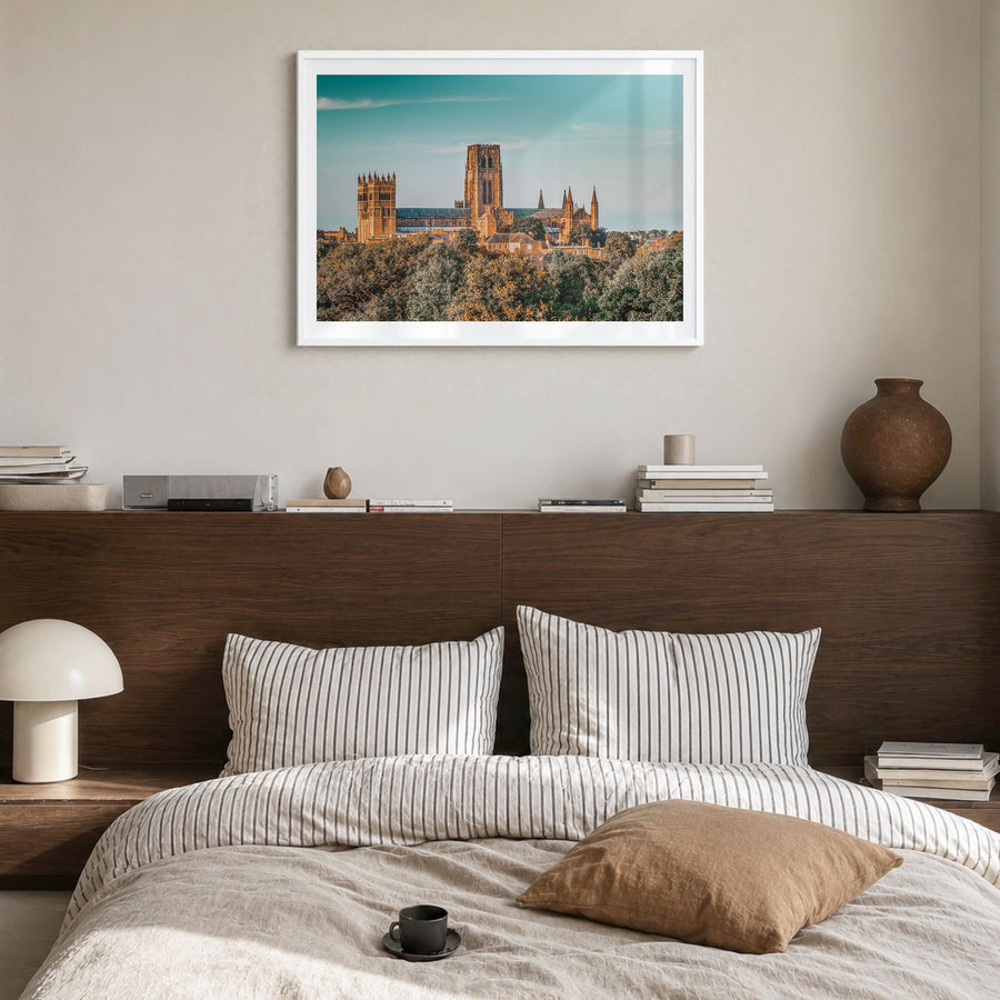 Durham, England Photo Poster in a white wood frame, hanging in a bedroom, white border