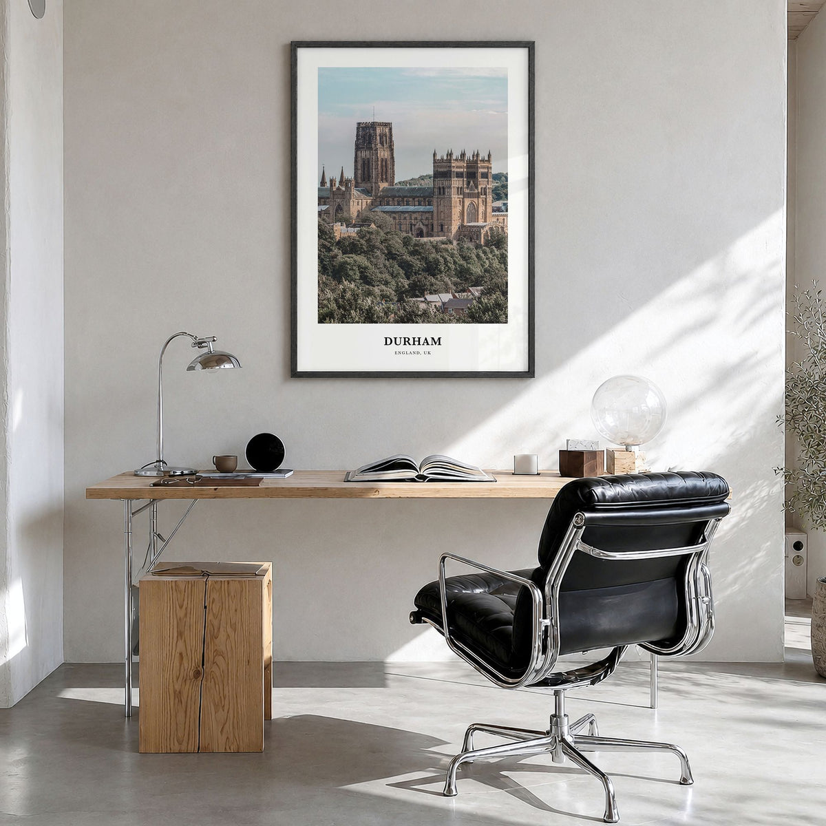 Durham, England Classic Poster in a black wood frame, hanging in a bright home office