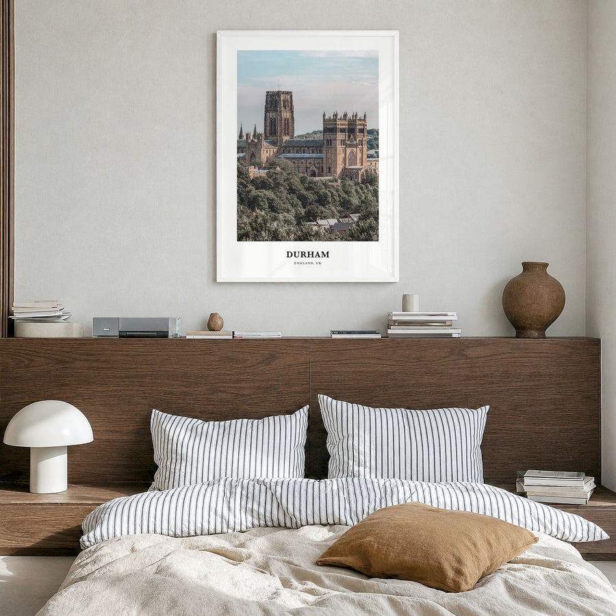 Durham, England Classic Poster in a white wood frame, hanging in a bedroom