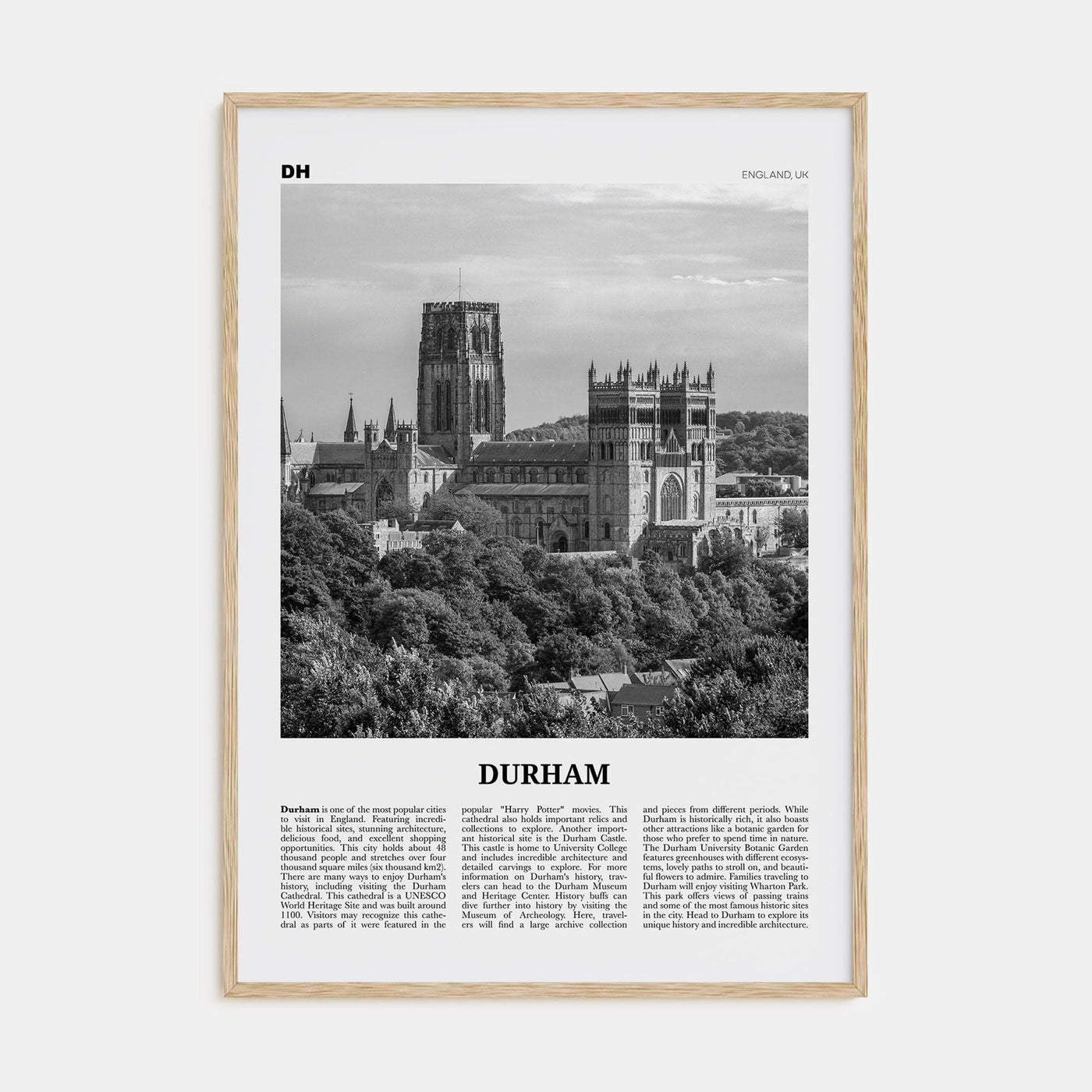 Durham, England Poster Natural Wood / 8x12 in Nbourhood Travel B&W Poster