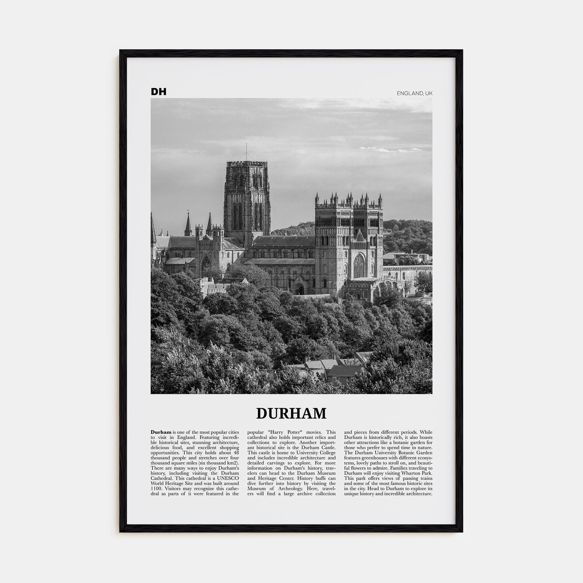 Durham, England Poster Black Wood / 8x12 in Nbourhood Travel B&W Poster