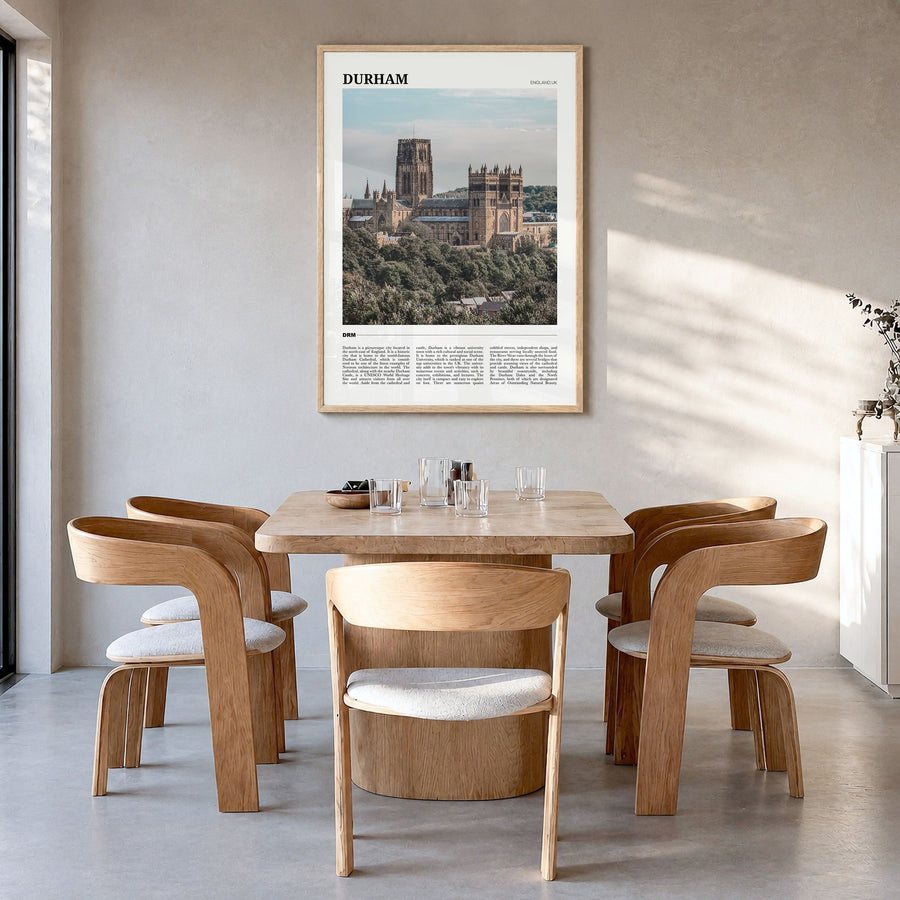 Durham, England Travel Poster in a natural wood frame, hanging in a dining room