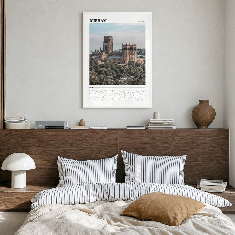 Durham, England Travel Poster in a white wood frame, hanging in a bedroom