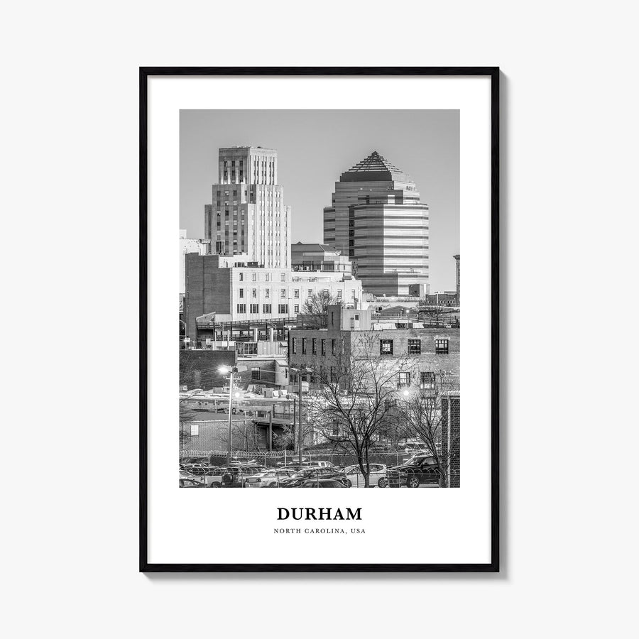 Durham, North Carolina black & white classic poster of North Carolina, USA – vertical wall art, unframed print shown in inter