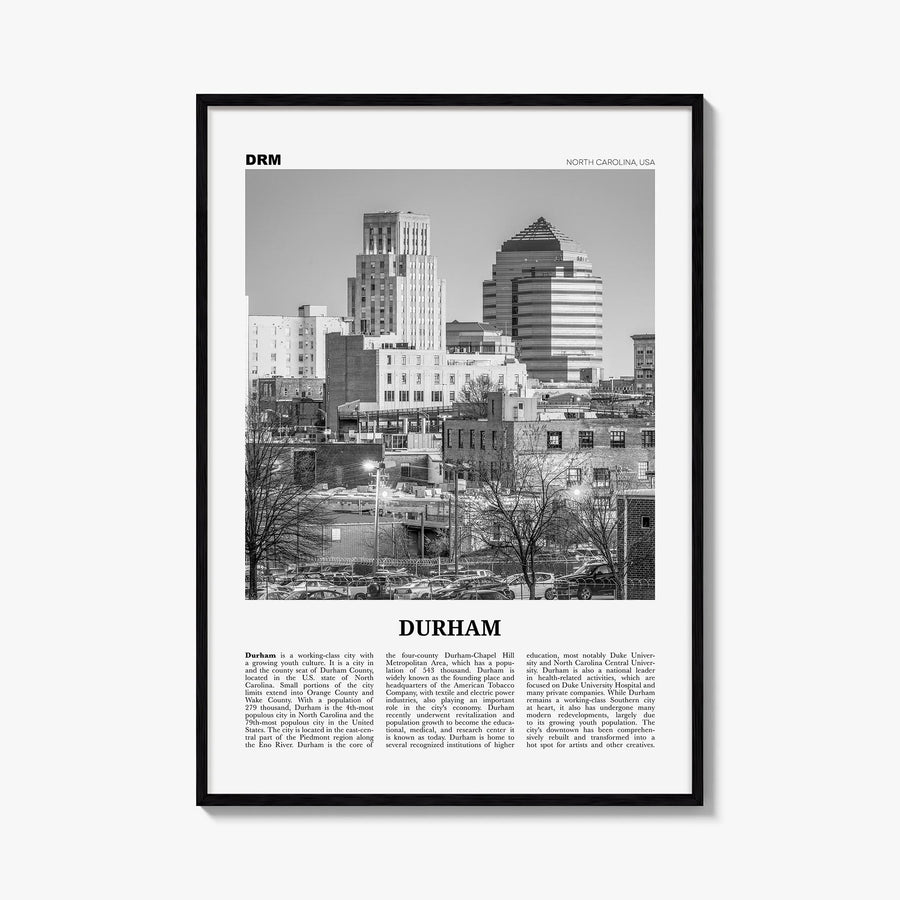 Durham, North Carolina black & white newspaper poster of North Carolina, USA – vertical wall art, unframed print shown in int