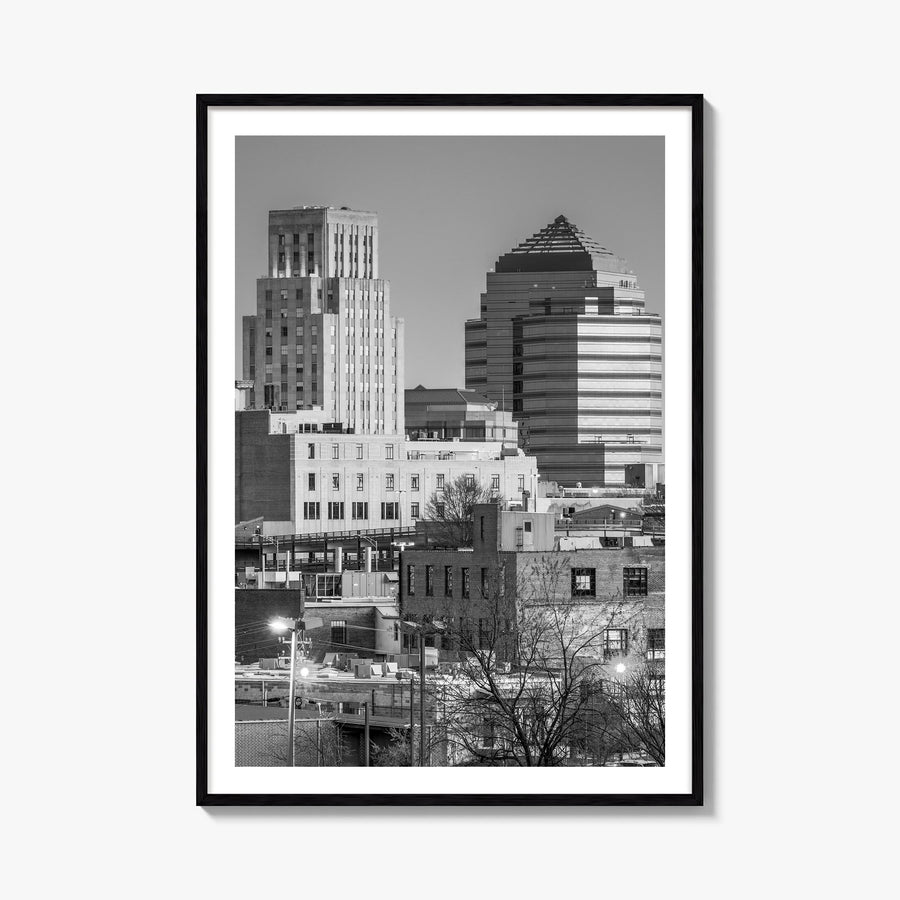Durham, North Carolina black & white photo poster of North Carolina, USA – vertical wall art, unframed print shown in interio