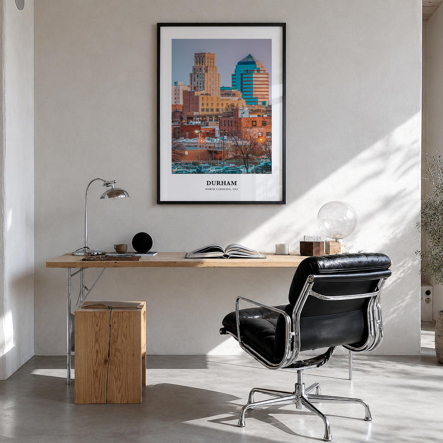 Durham, North Carolina colorful classic poster of North Carolina, USA – vertical wall art in black wood frame, hanging on wal