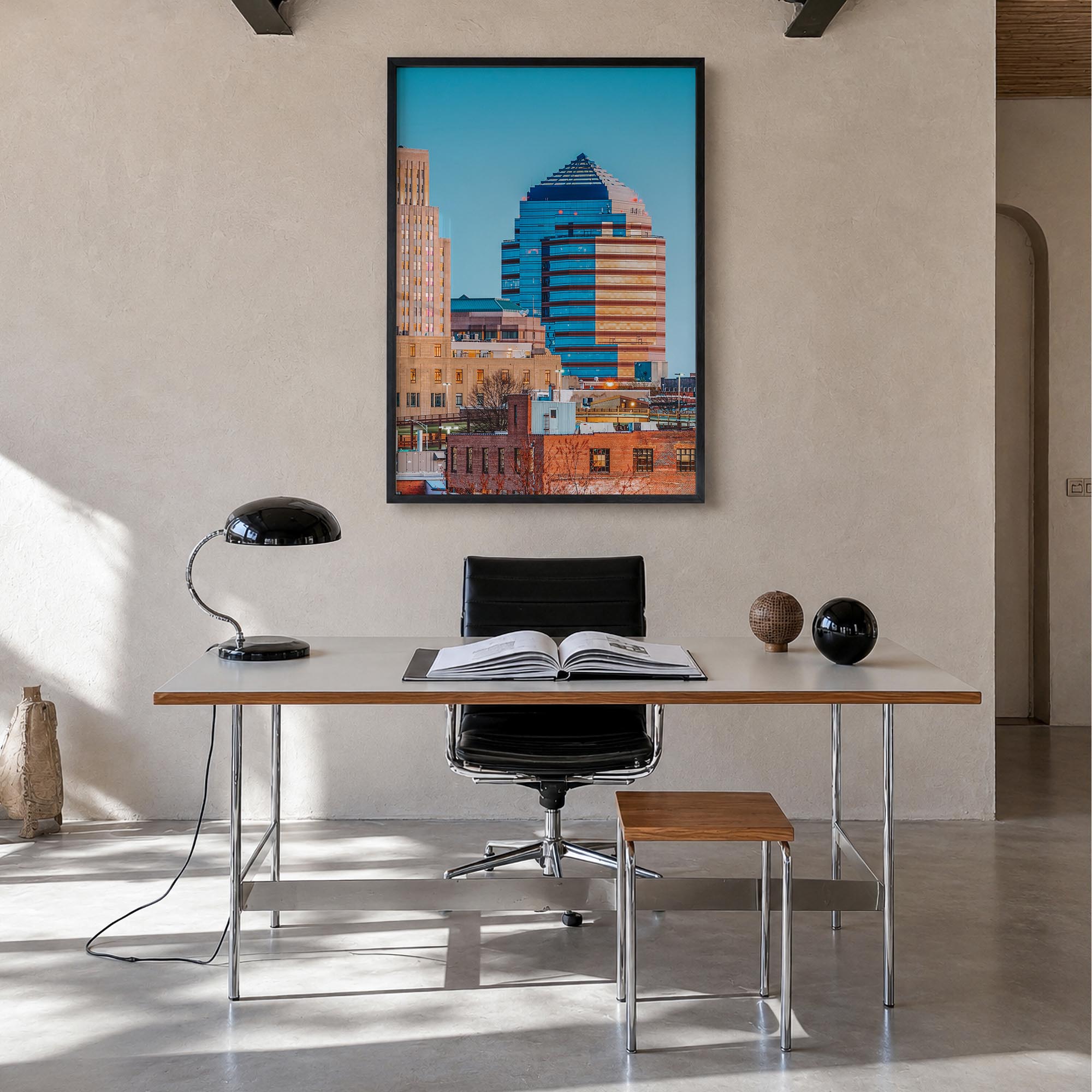 Durham, North Carolina colorful photo poster of North Carolina, USA – vertical wall art in black wood frame, hanging on wall
