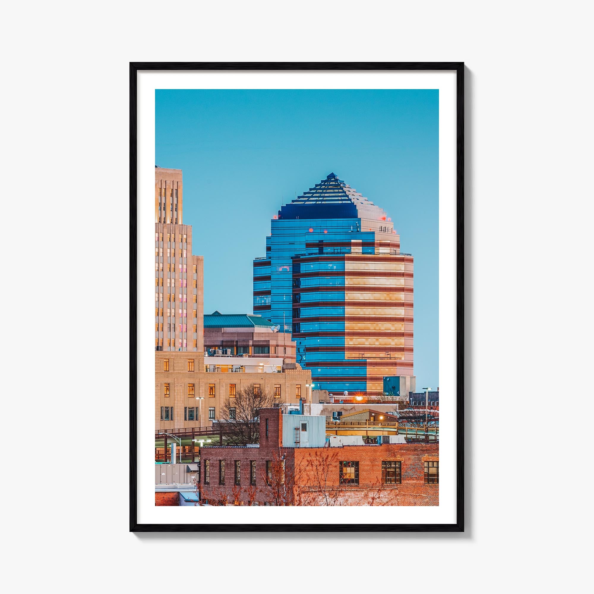 Durham, North Carolina colorful photo poster of North Carolina, USA – vertical wall art, unframed print shown in interior moc