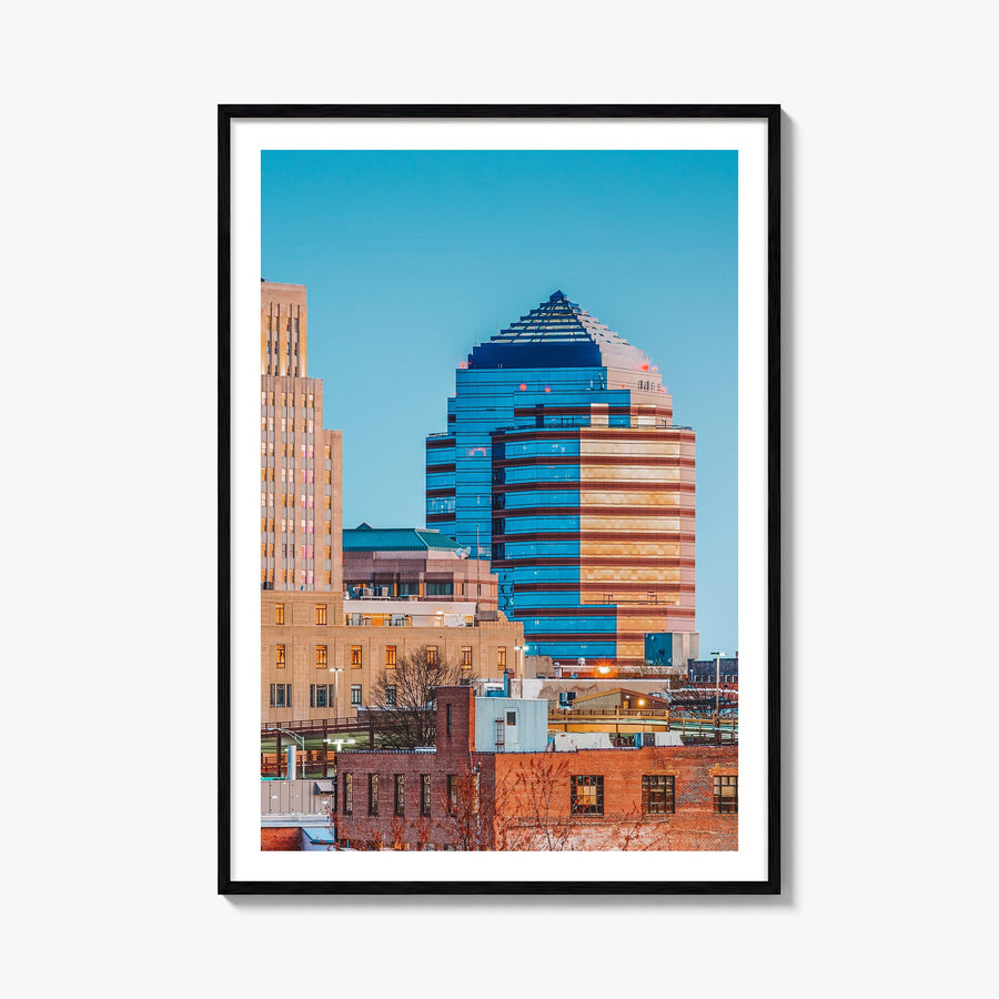 Durham, North Carolina colorful photo poster of North Carolina, USA – vertical wall art, unframed print shown in interior moc