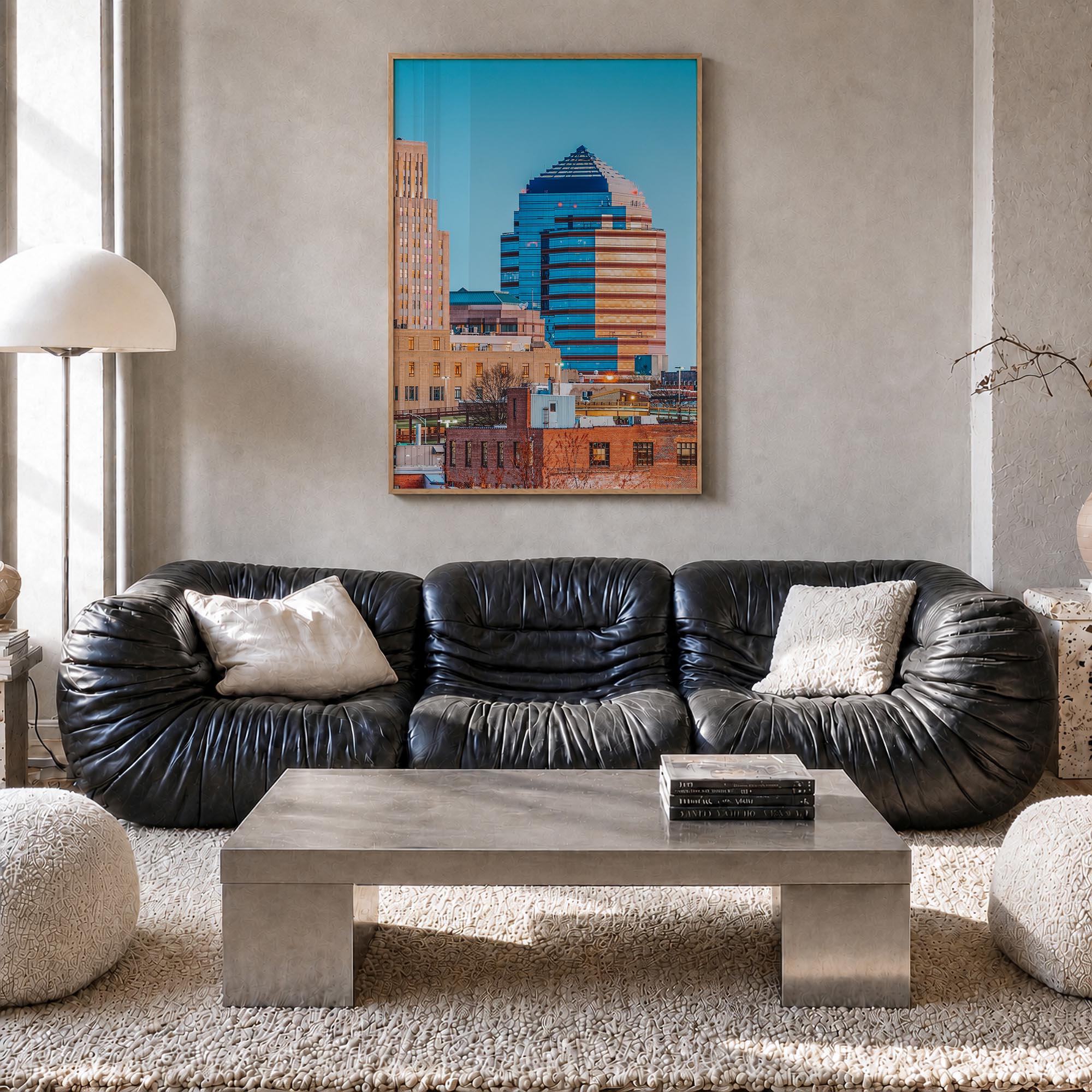 Durham, North Carolina colorful photo poster of North Carolina, USA – vertical wall art in natural wood frame, hanging on wal