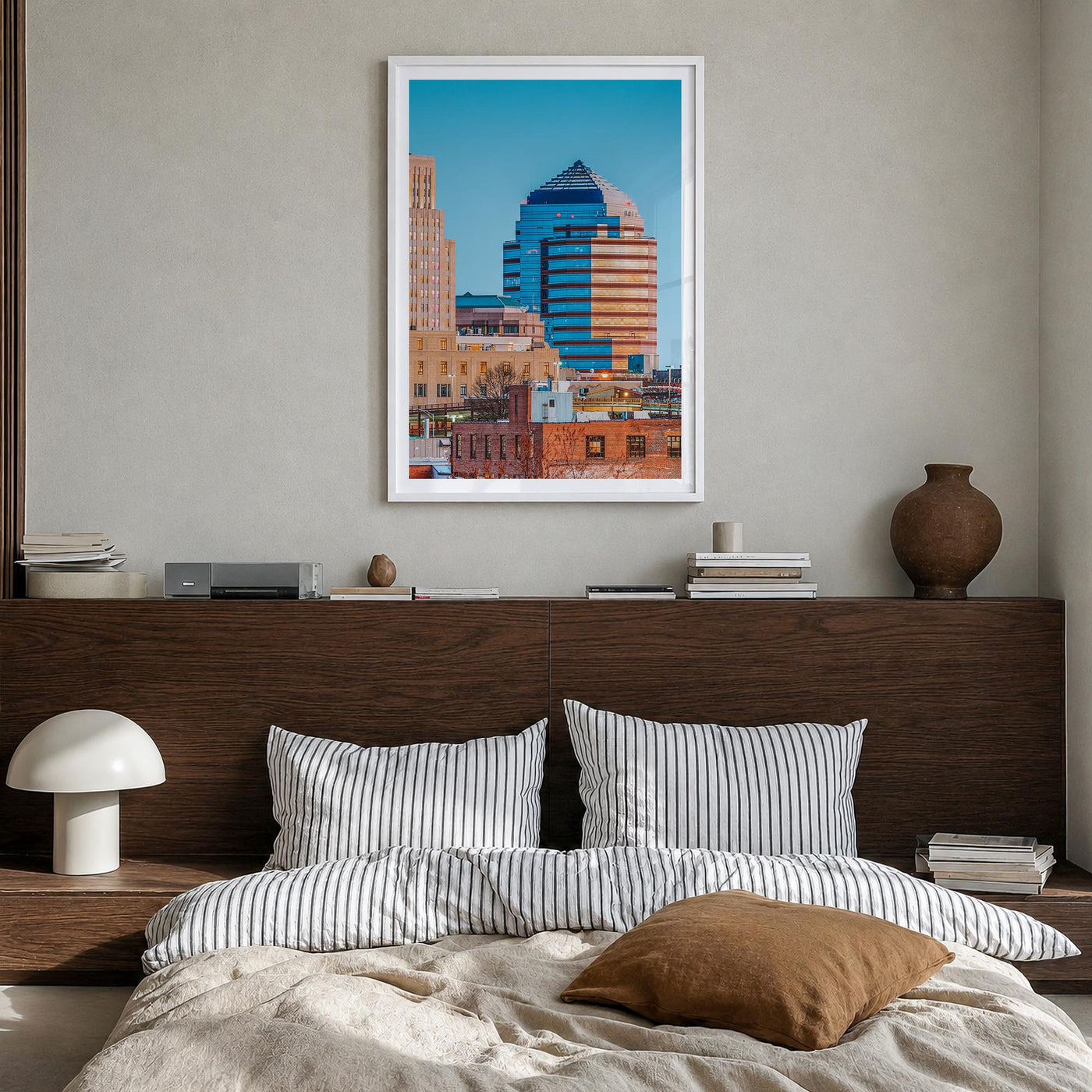 Durham, North Carolina colorful photo poster of North Carolina, USA – vertical wall art in white wood frame with white border