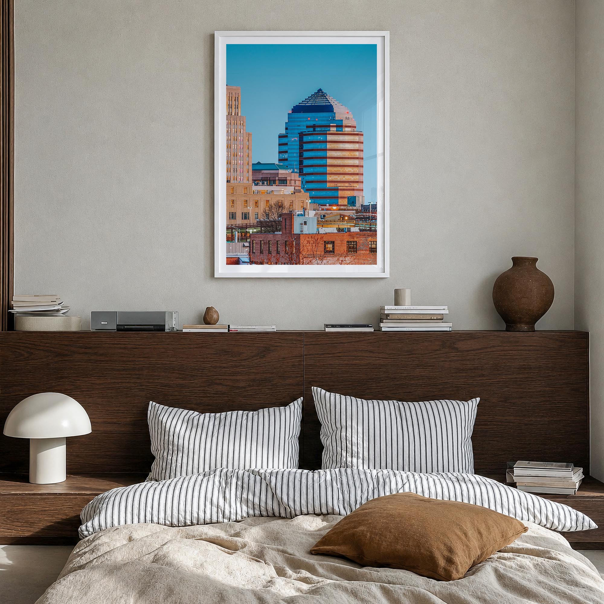 Durham, North Carolina colorful photo poster of North Carolina, USA – vertical wall art in white wood frame with white border