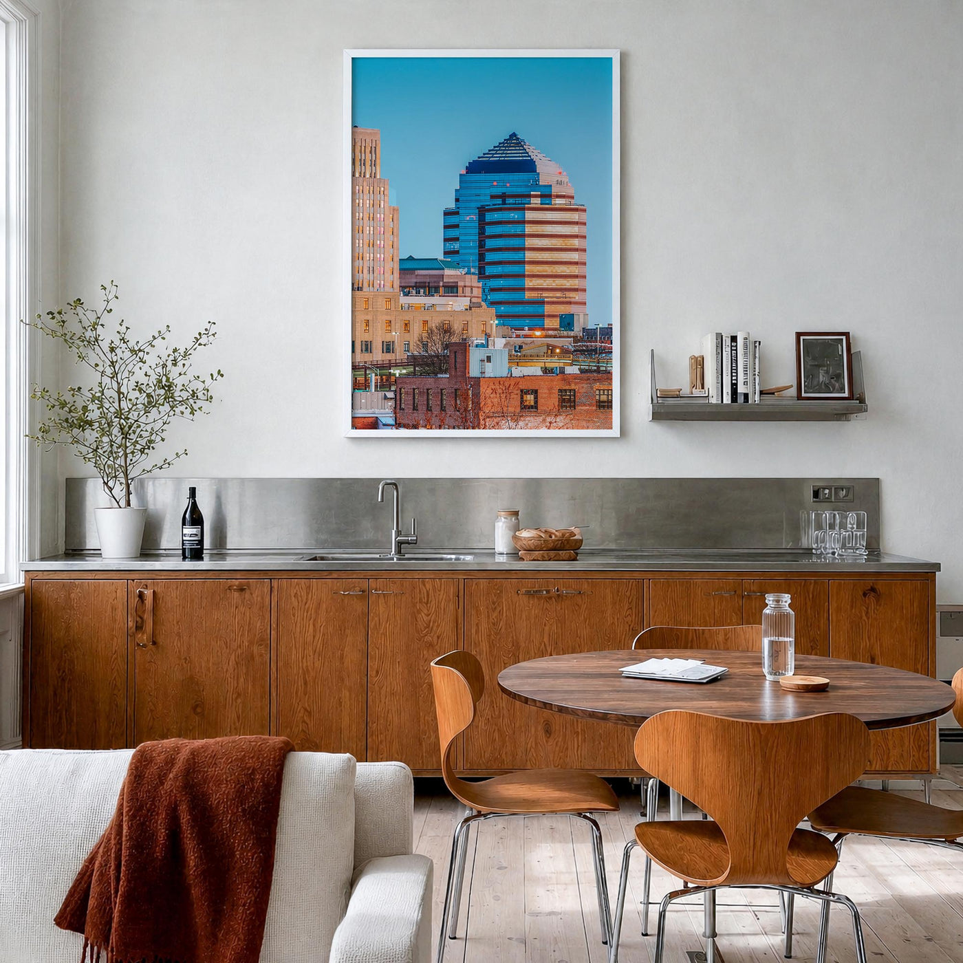 Durham, North Carolina colorful photo poster of North Carolina, USA – vertical wall art in white wood frame, hanging on wall