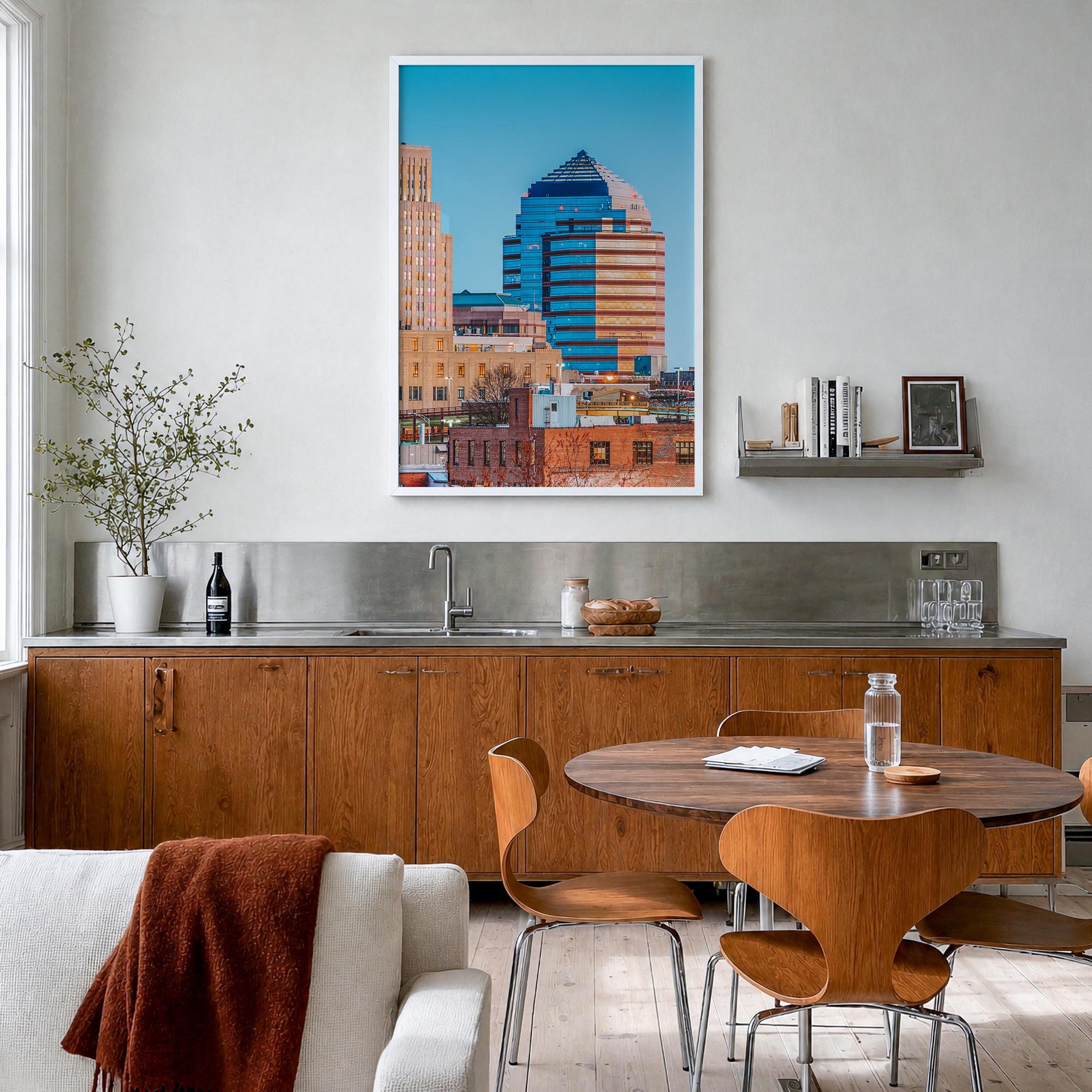 Durham, North Carolina colorful photo poster of North Carolina, USA – vertical wall art in white wood frame, hanging on wall