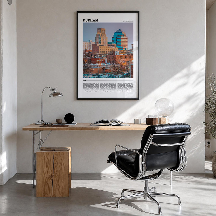 Durham, North Carolina colorful travel poster of North Carolina, USA – vertical wall art in black wood frame, hanging on wall