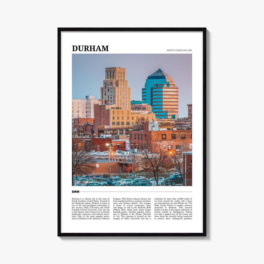 Durham, North Carolina colorful travel poster of North Carolina, USA – vertical wall art, unframed print shown in interior mo