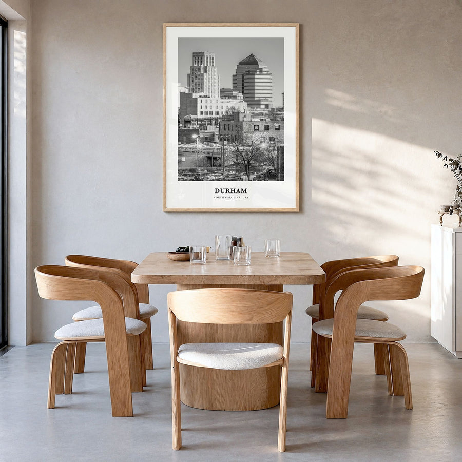 Durham, North Carolina Classic Poster in a natural wood frame, hanging in a dining room
