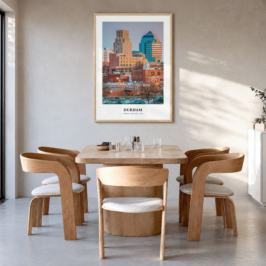 Durham, North Carolina Classic Poster in a natural wood frame, hanging in a dining room