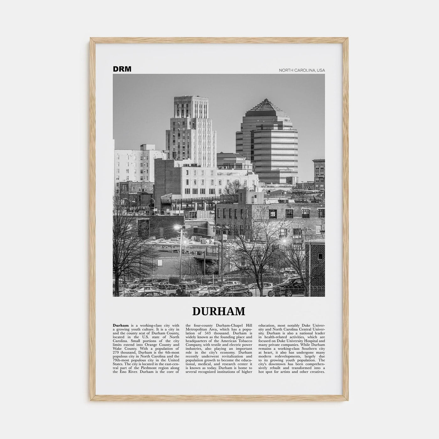 Durham, North Carolina Poster Natural Wood / 8x12 in Nbourhood Travel B&W Poster