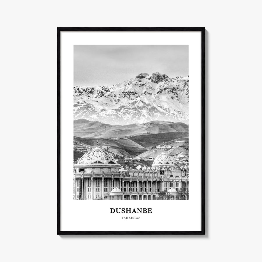 Dushanbe black & white classic poster of Tajikistan – vertical wall art, unframed print shown in interior mockup