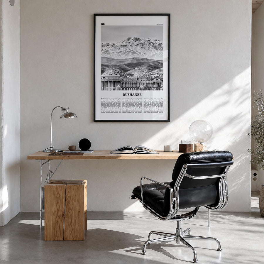 Dushanbe black & white newspaper poster of Tajikistan – vertical wall art in black wood frame, hanging on wall