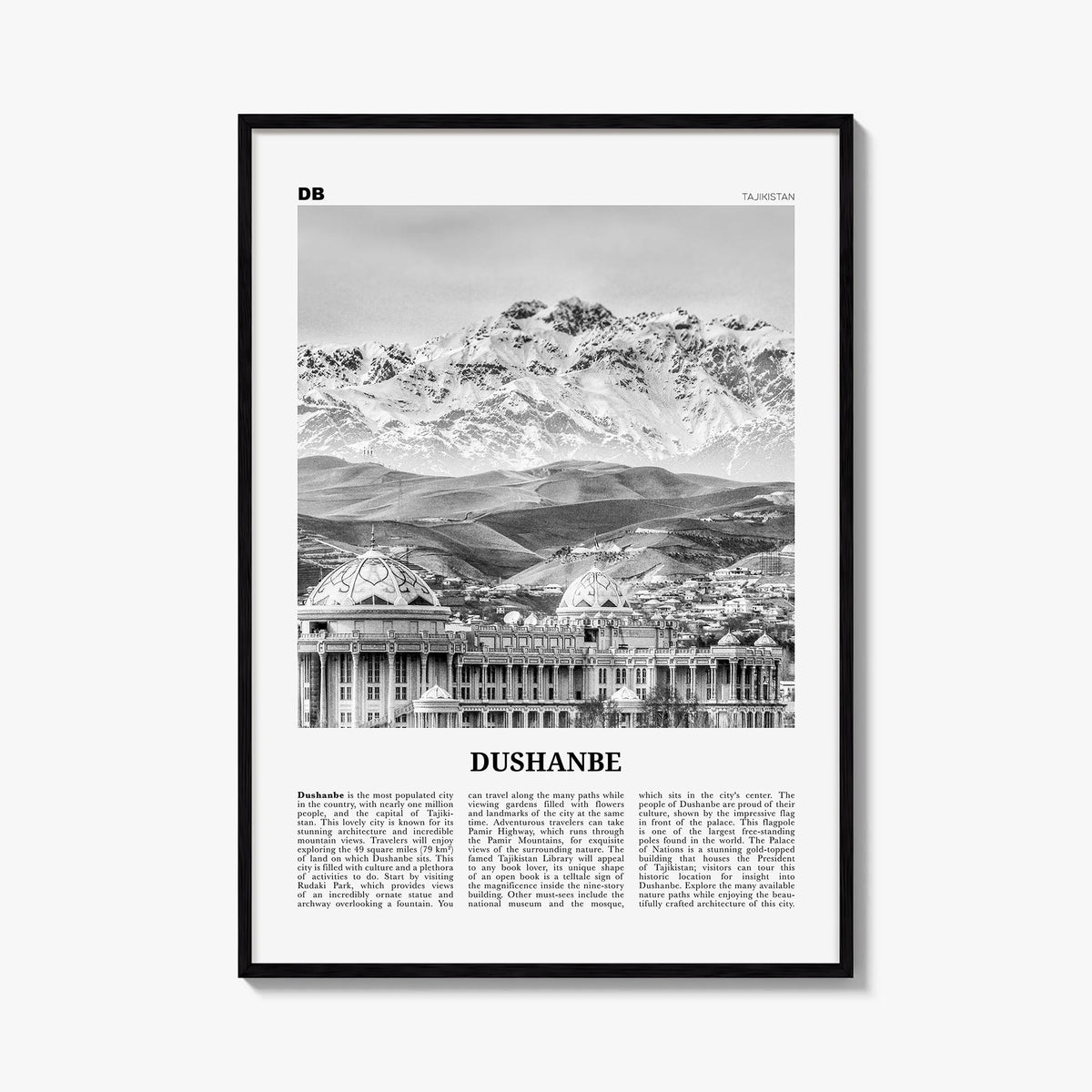 Dushanbe black & white newspaper poster of Tajikistan – vertical wall art, unframed print shown in interior mockup