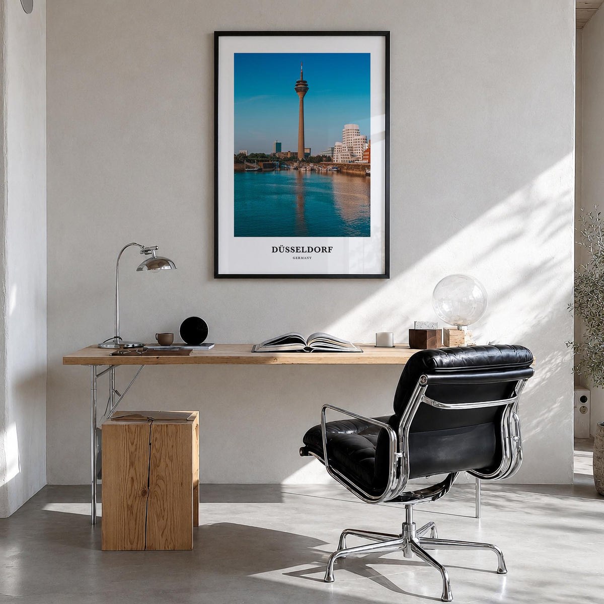 Düsseldorf colorful classic poster of Germany – vertical wall art in black wood frame, hanging on wall