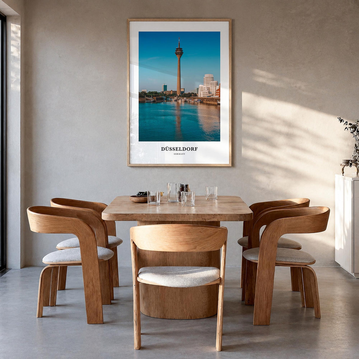 Düsseldorf colorful classic poster of Germany – vertical wall art in natural wood frame, hanging on wall
