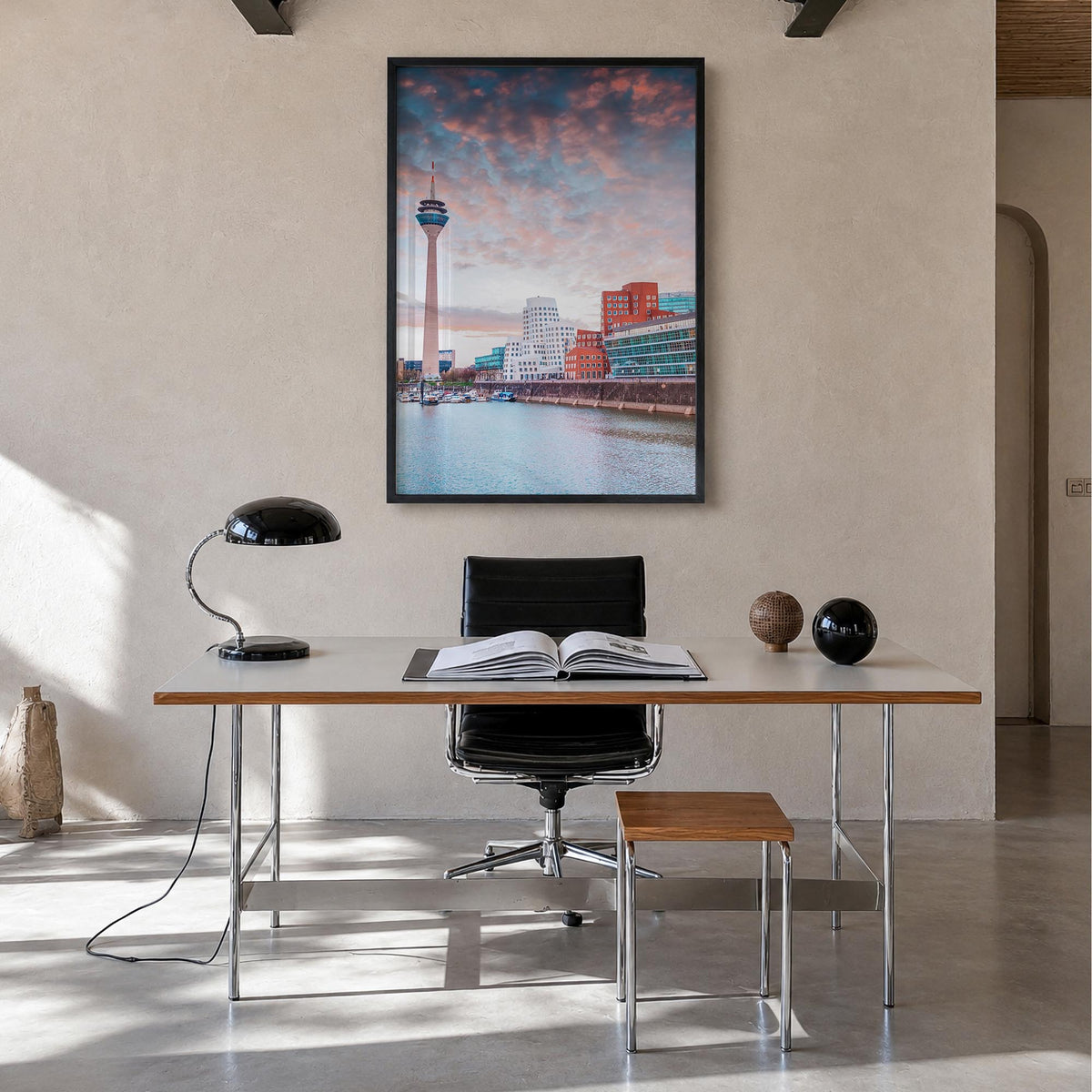 Düsseldorf colorful photo poster of Germany – vertical wall art in black wood frame, hanging on wall