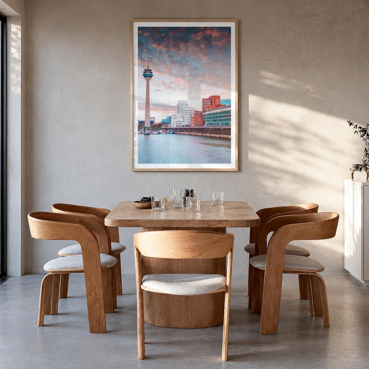 Düsseldorf colorful photo poster of Germany – vertical wall art in natural wood frame with white border, hanging on wall