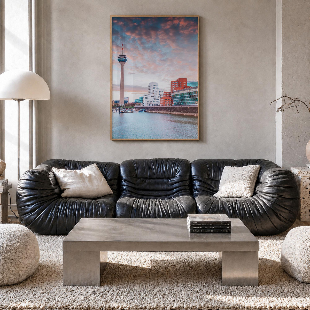 Düsseldorf colorful photo poster of Germany – vertical wall art in natural wood frame, hanging on wall