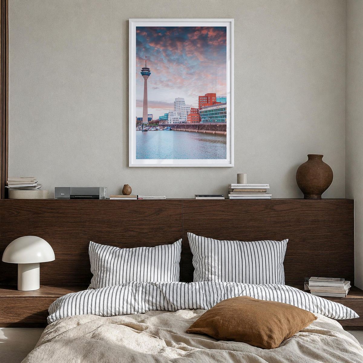 Düsseldorf colorful photo poster of Germany – vertical wall art in white wood frame with white border, hanging on wall